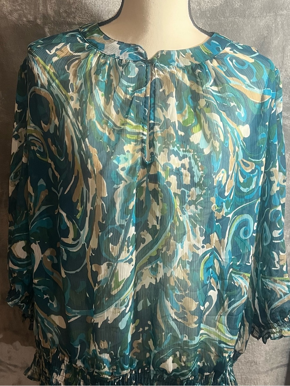 Women’s Teal Patterned Pleated Blouse - Teal Multi
